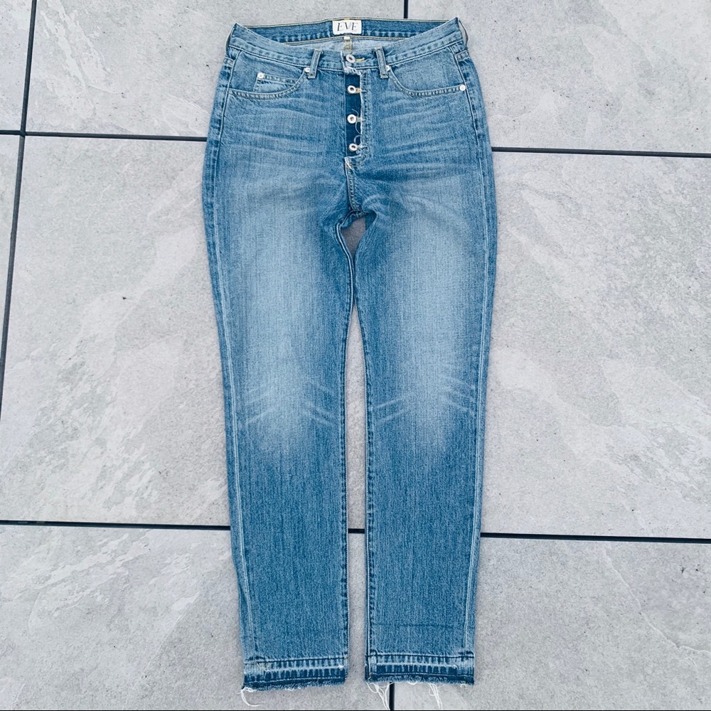 EVE DENIM Silver Bullet Embossed Distressed Tapered Straight Leg